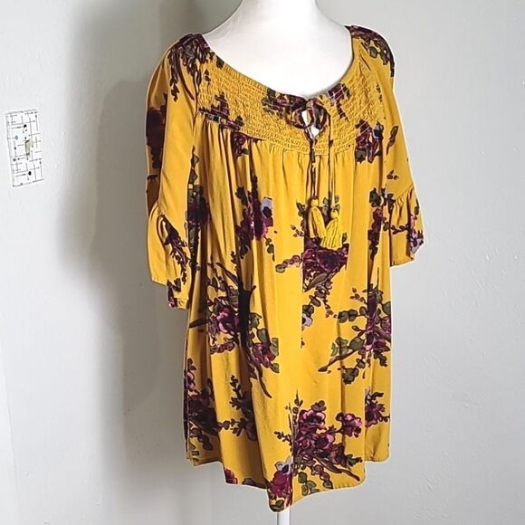 Terra & Sky Tops - Terra & Sky Gold with Purple Flowers, Short Ruffled Bell Sleeves Tie Front Sz 1X